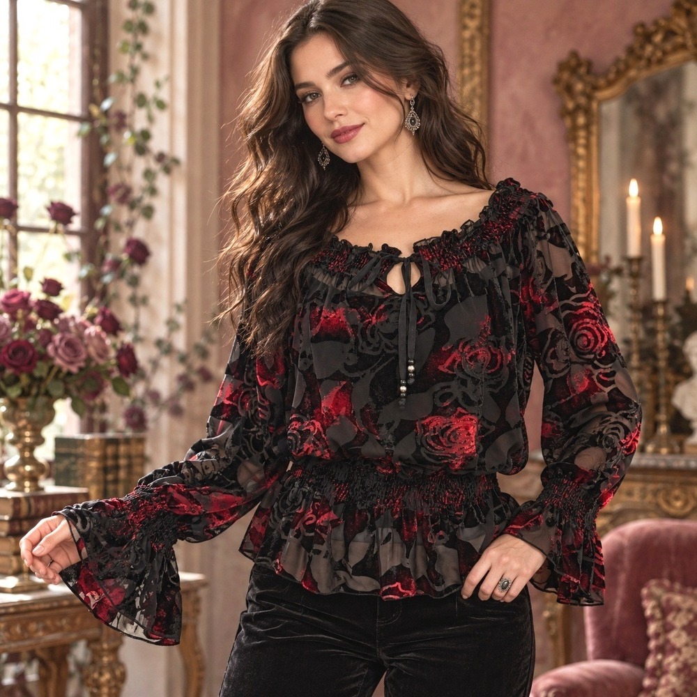 Multiples Burnout Velvet Blouse XL Red Black Dark Romantic Witchy Vamp Peasant